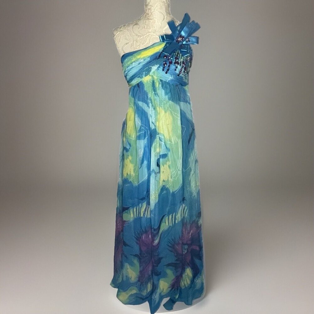 Cinderella W Sz 6 Formal Prom Maxi Dress Beaded Flowy Blue Flowy Cold Shoulder